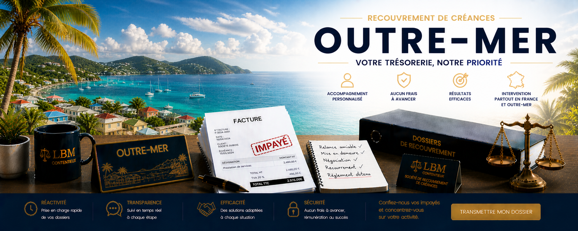 recouvrement de créances outre-mer Guadeloupe Martinique Réunion Guyane facture impayée entreprise