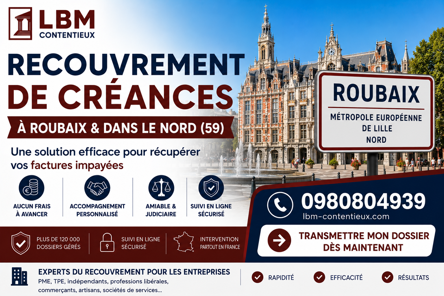 recouvrement de créances Roubaix Nord facture impayée entreprise