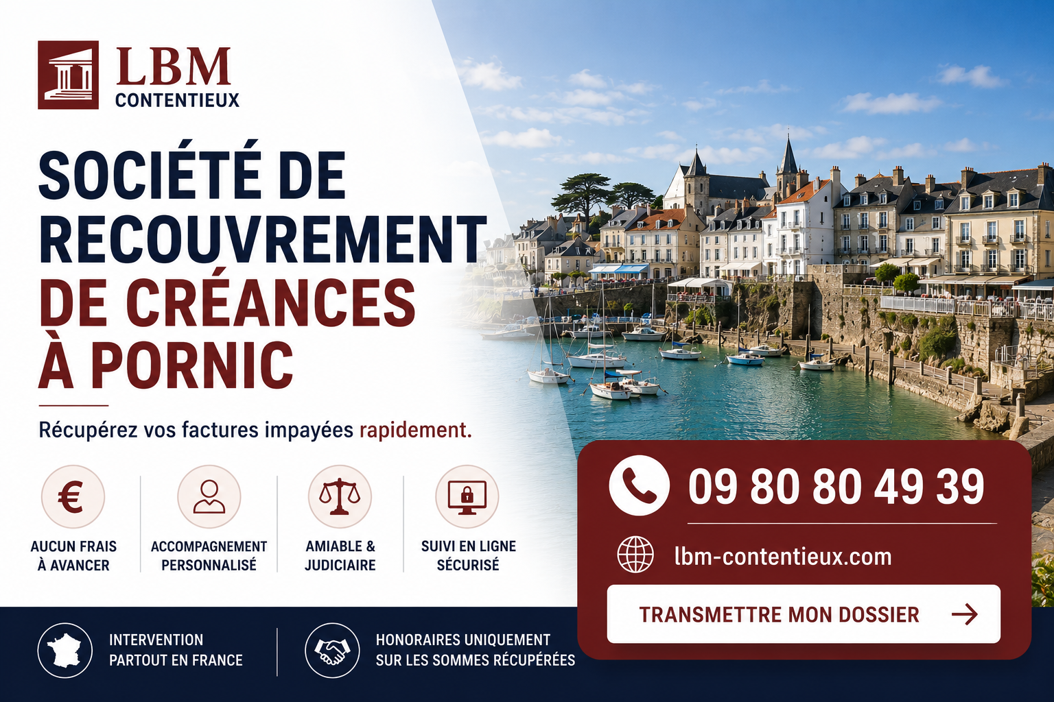 Société de recouvrement de créances à Pornic – LBM Contentieux accompagne les entreprises dans le recouvrement amiable et judiciaire de leurs factures impayées.