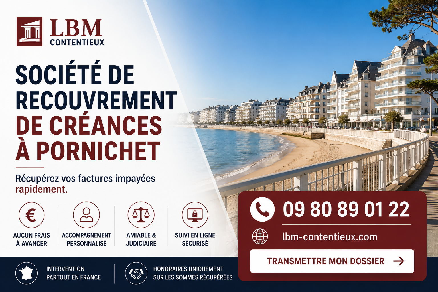 Société de recouvrement de créances à Pornichet – LBM Contentieux accompagne les entreprises dans le recouvrement amiable et judiciaire de leurs factures impayées.